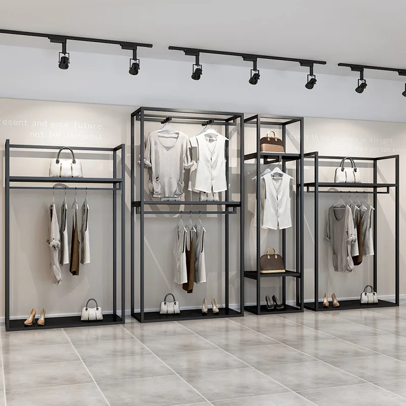 Clothing store display rack on the wall Men's and women's children's clothing shelves Iron display