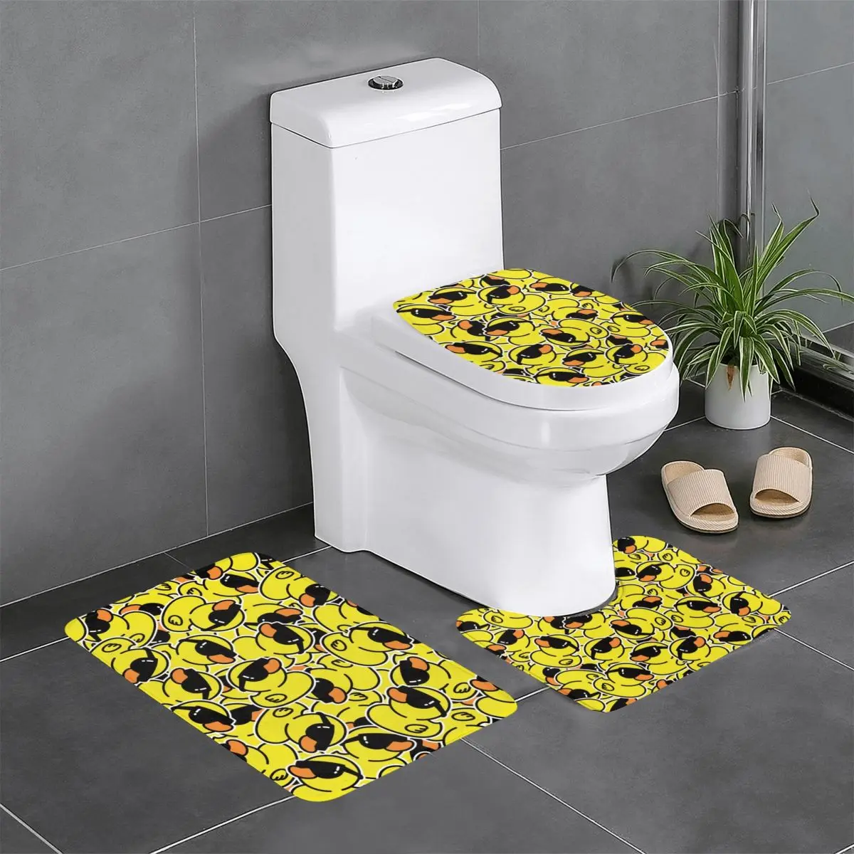 

Custom Yellow Cartoon Animal Rubber Duck Bathroom Rugs Sets Non-Slip Absorbent 3 Pieces Bath Toilet Rugs Mats