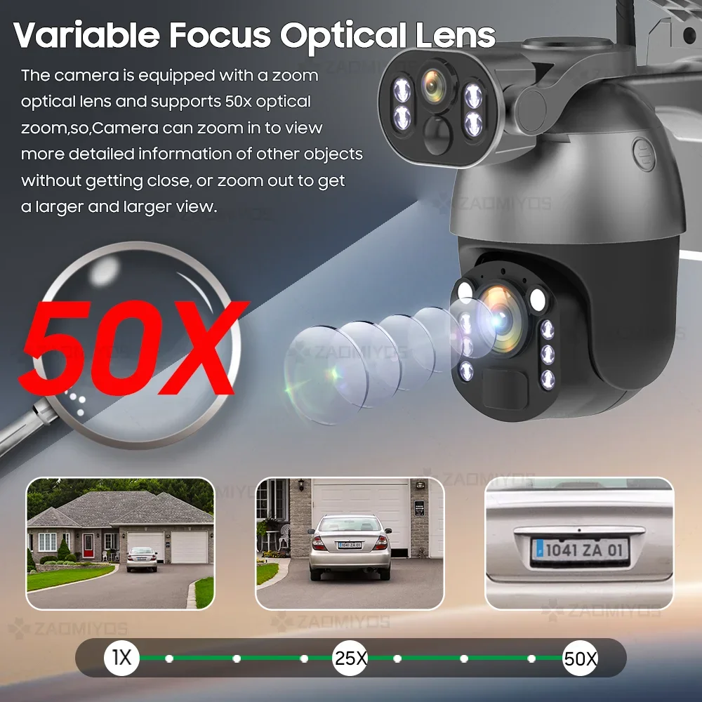 Zoom 50X 4K 8MP Doppio Schermo Telecamera Solare Esterna 4G SIM/WiFi PTZ Doppia Lente di Sicurezza Rilevazione del Movimento Tracciamento Visione Notturna Cam