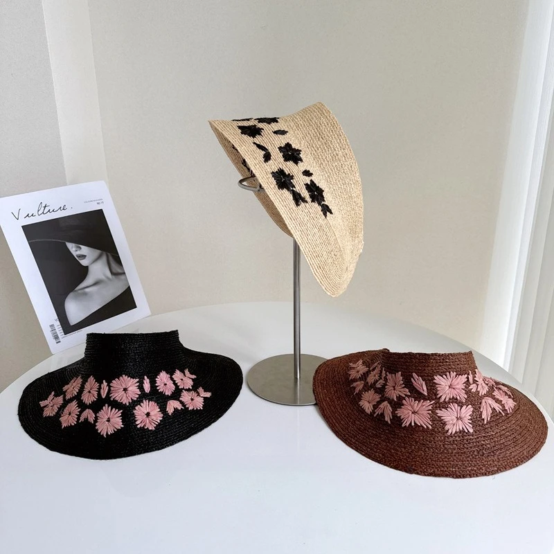 High Quality Flower Embroidery Straw Bonnet Hat Women Hollow Top Wide Brim Sun Cap Vintage Beach Headwear