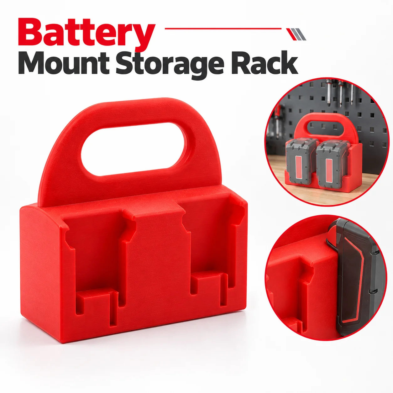 Portable Battery Storage Rack, 4‑Slot Battery Holder with Handle, Milwaukee 18V Battery Holder Base, for Work Van Shelf Toolbox