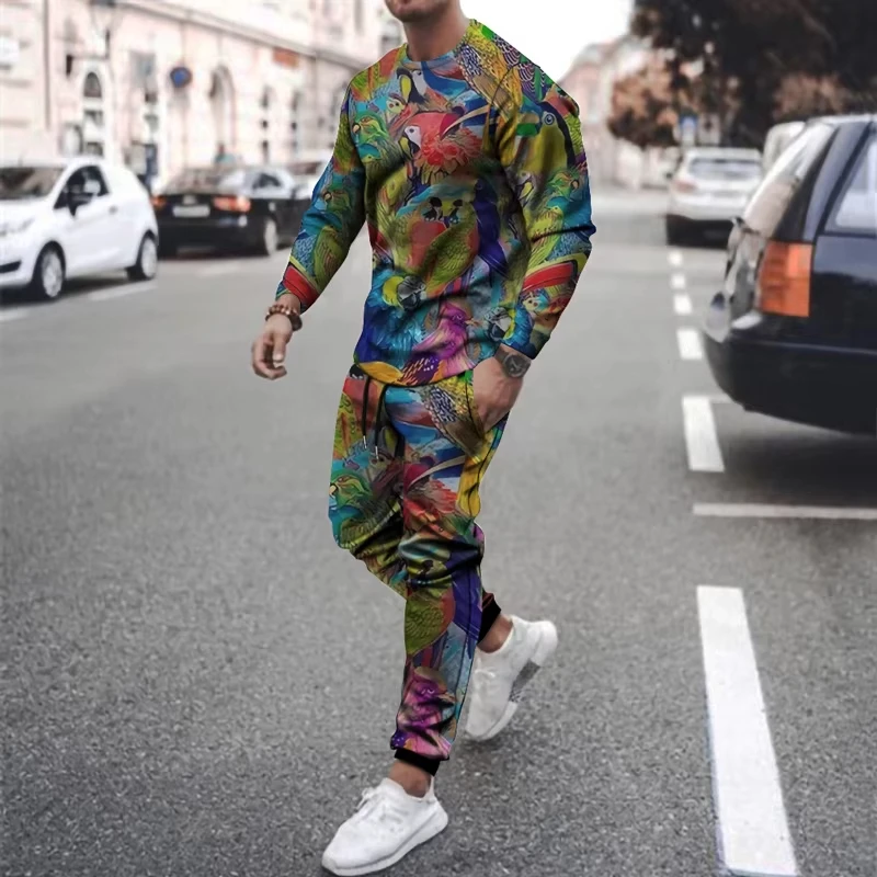 Herbst Herren T-Shirt Set 3d gedruckt Mode lässig Streetwear übergroße Outfits Sportswear Anzug Langarm o Hals Urban Jogging
