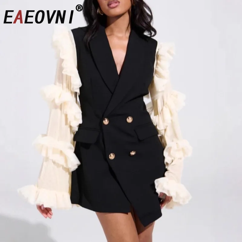 

EAEOVNI Mesh Sleeve Patchwork Design Blazer Coat Women Fashion Contrast Color Button Temperament Jacket 2025 New Clothing