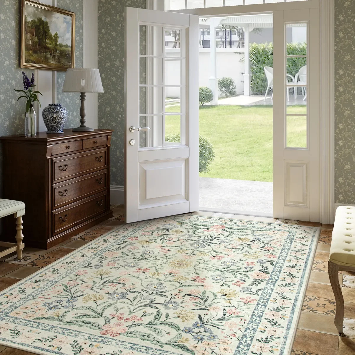 Modern Parisian Garden Floral Green Rug for Living Room Floral Aesthetic Ornate Gothic Home Decor Anti-slip Washable Floor Mat