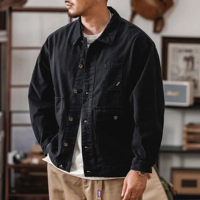 Fashion Vintage Loose Casual Men Cowboy Jacket Stylish Workwear Coat Multiple Pockets Spring Autumn Cotton Streetwear Outerwear