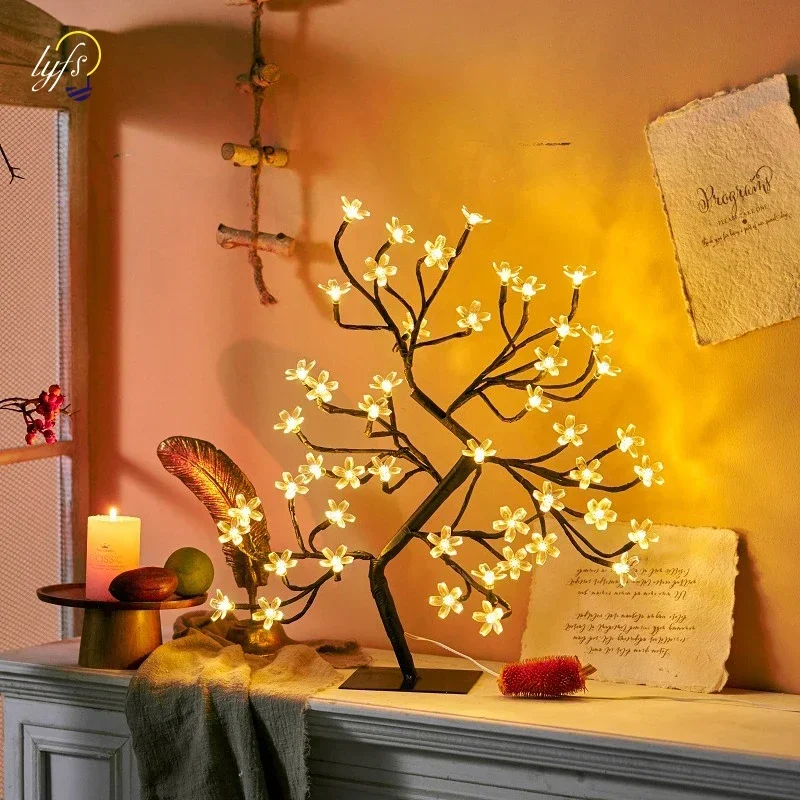 LED Table Lamp Cherry Blossom USB Remote Control Desktop Room Bedside Bedroom Hotel Shop Home Festival Decor Tree Table Light