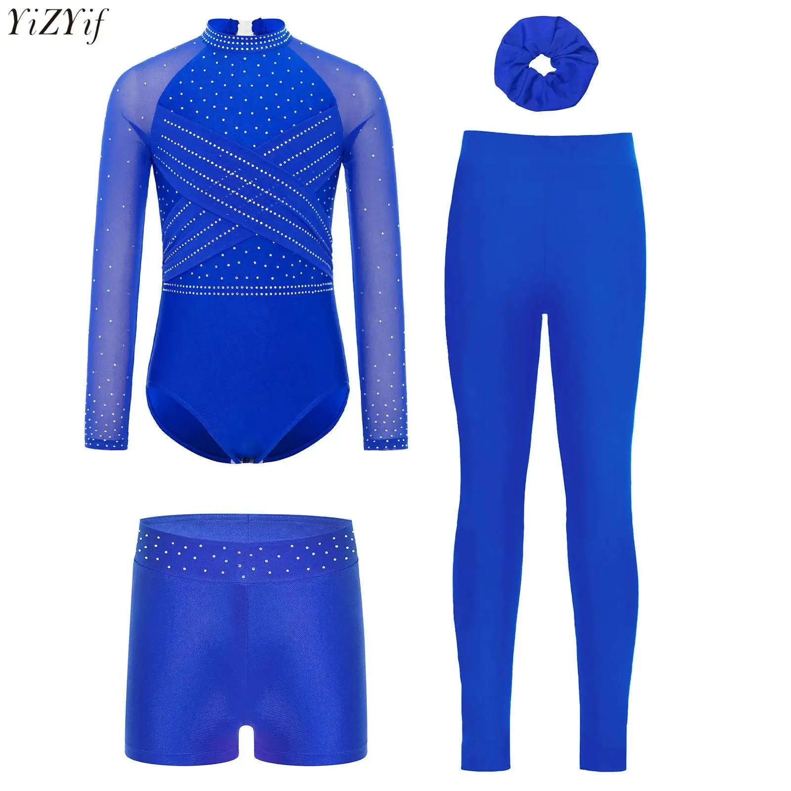 Strój gimnastyczny dla dziewczynek, taneczny, z przezroczystej siateczki, długi rękaw, krzyżowe wiązanie z przodu, wycięcie z tyłu, body z szortami, legginsami i opaską do włosów.