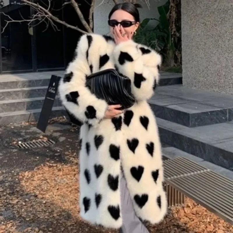 

Woman Heart Shaped Printed Faux Mink Fur Coat Autumn Winter Heart Imitation Rabbit Fur Jacket Furry Cardigan Trench Coat Tops