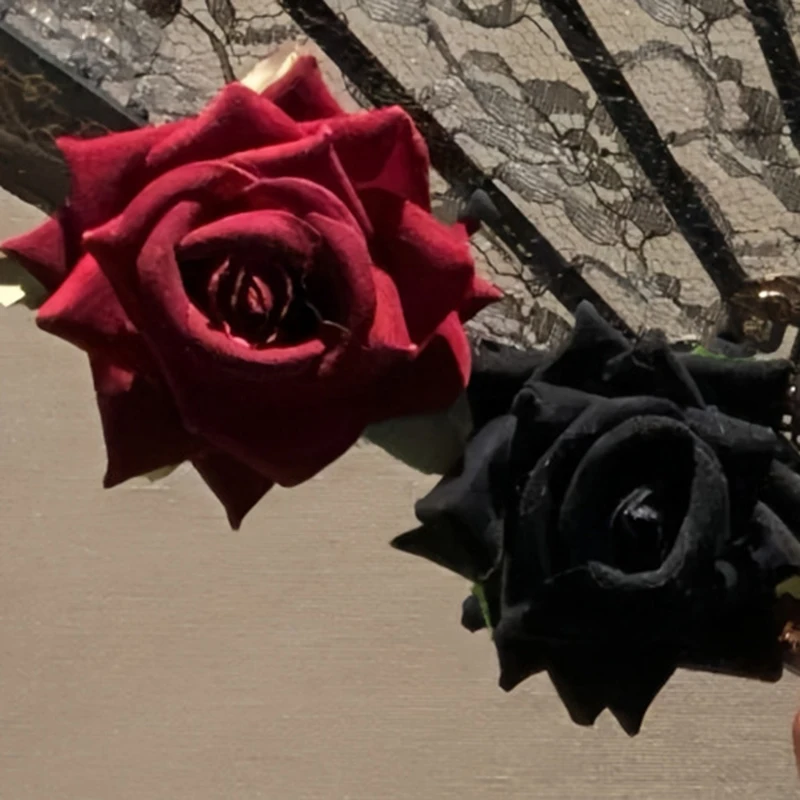 Combhasaki Halloween Lace Folding Fan 3D Rose Decor Retro Handheld Fan Vintage Lolita Style Photography Props Costume Accessory