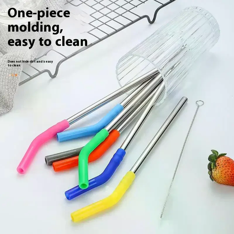 Long Metal Straw With Silicone Tips Cleaning Brush Stainless Steel Drinking Straw With Covers
