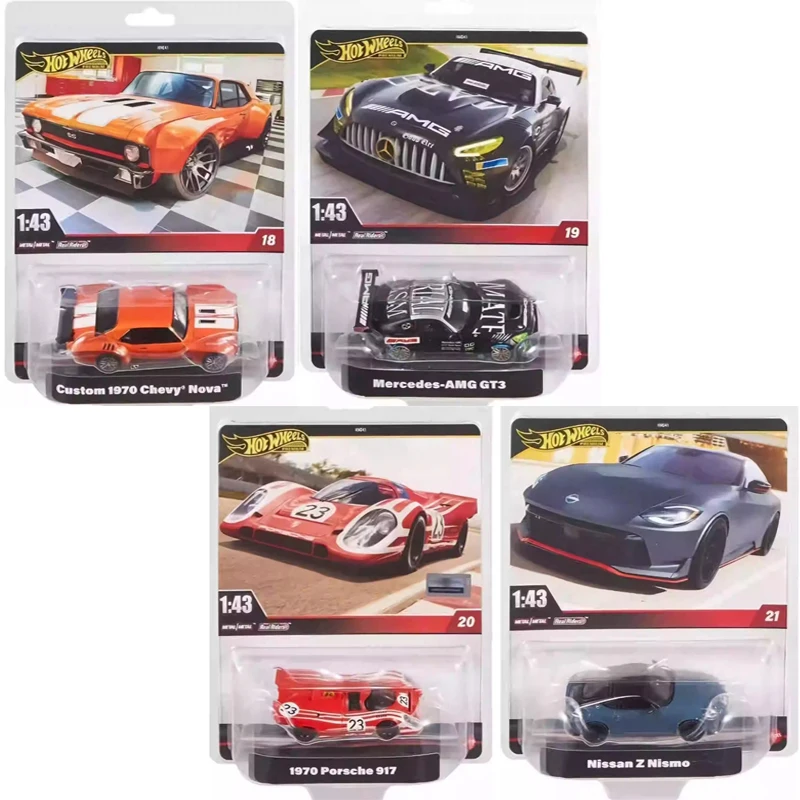 Hot Wheels-coche Premium Original, vehículos fundidos a presión, Chevy Nova Nissan Z Nismo Porsche 917 Mercedes AMG GT3, juguetes para regalo para niños, 1/43