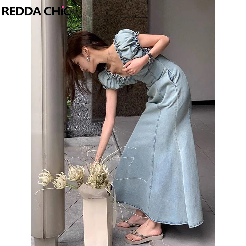 REDDACHiC Elegant Women Ruched V-neck Denim Long Dress with Puff Sleeves Plain Shirred Fishtail Summer One-piece Korean Clothes