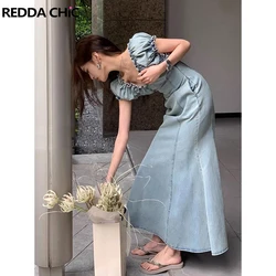 Reddaschic-Vestido largo vaquero fruncido con cuello en V para mujer, ropa Coreana de una pieza, mangas abullonadas, liso, cola de pez fruncida, elegante, Verano