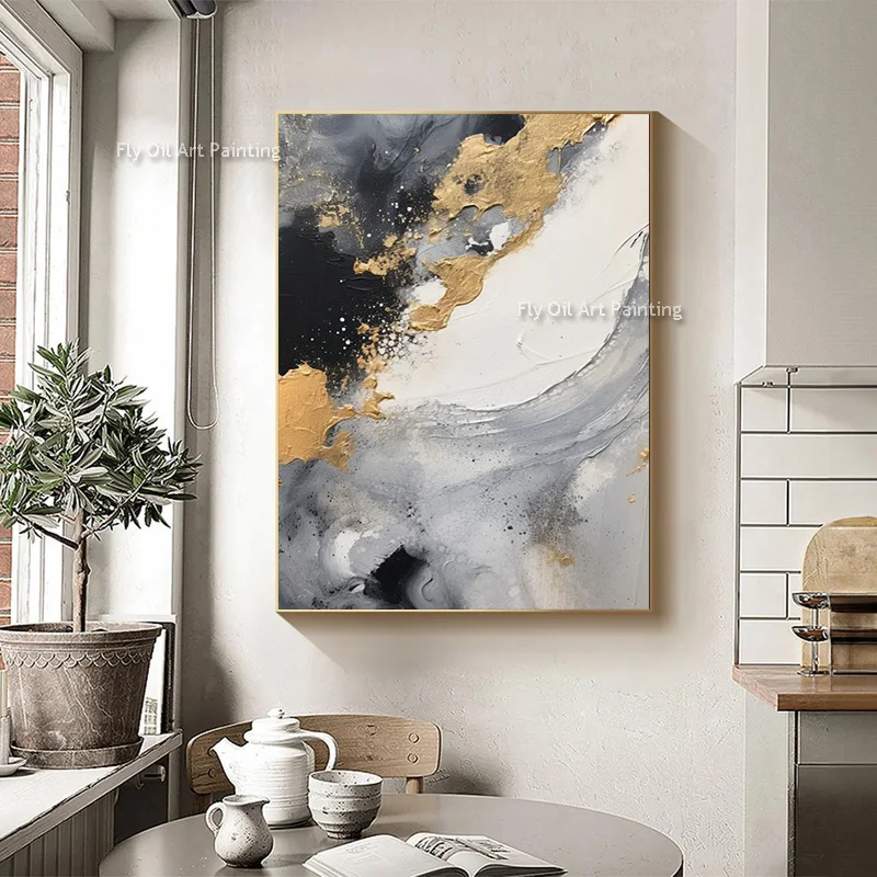 

Black And White Grey Abstract Canvas Thick Wall Art New Popular Design Home Decor Items Gold Foil Simple Large Oil Painting