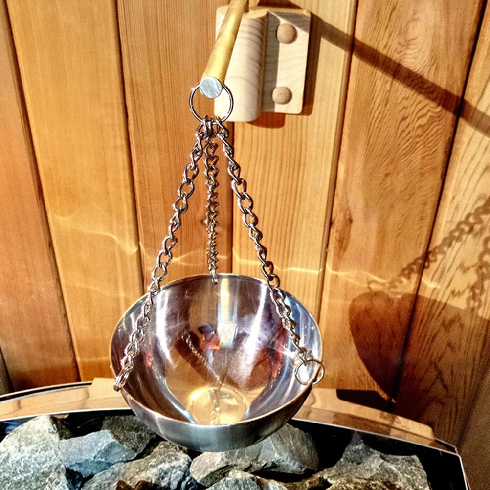 

Sauna Oil Cup 12CM Long Chain Wall Mount Essential Oil Holder Spa Fragrance Plate Stainless Steel Storage Bowl Bath Accessories