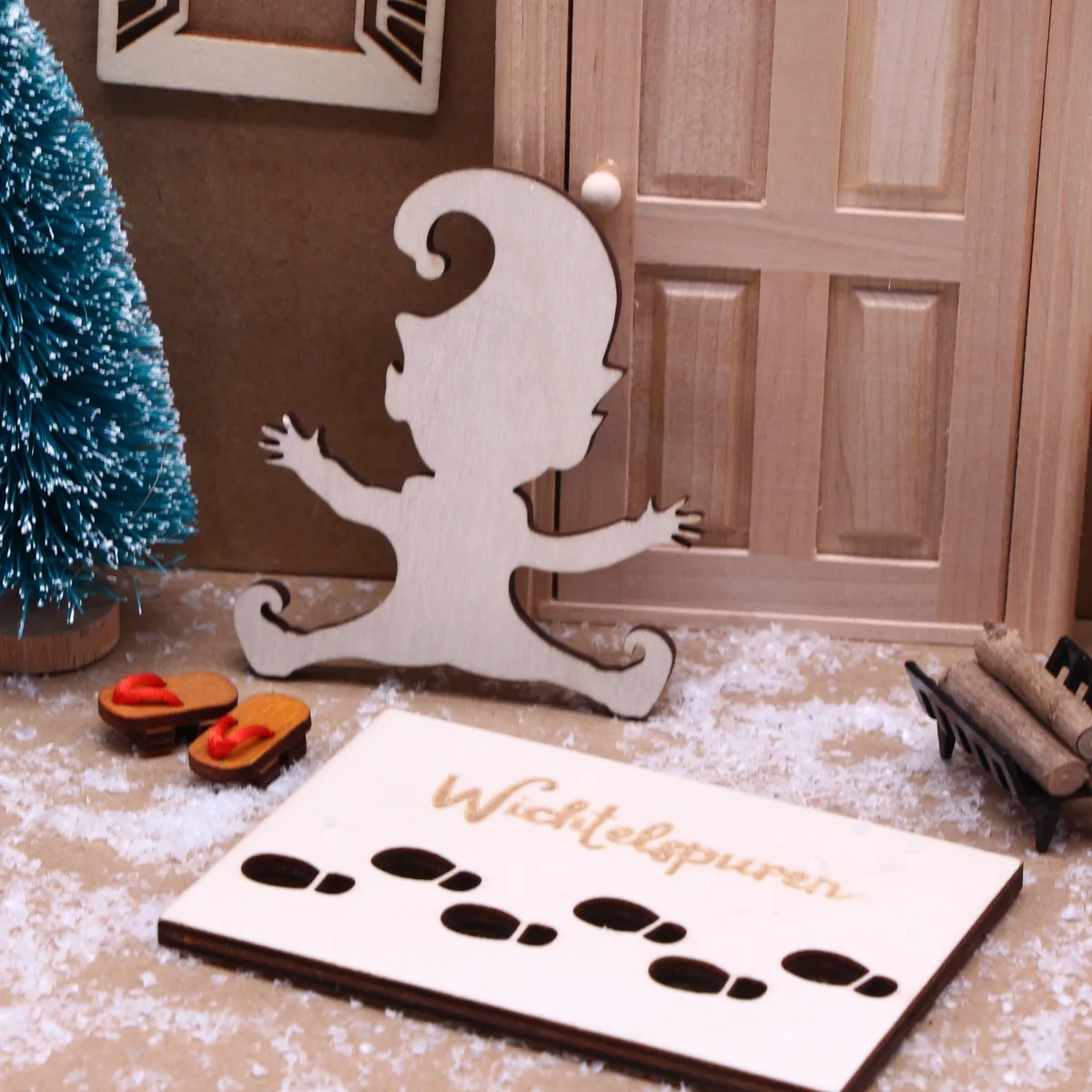 1 Set Dollhouse Mini Wooden Elf Dwarf Footprint Template Snow Powder Elf Shoes Miniature Christmas Scene Prop Model Accessories