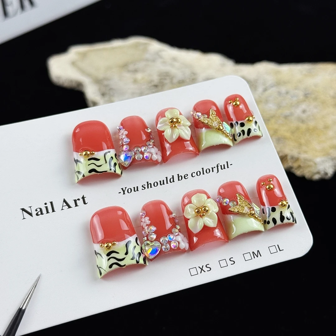 10pcs high-end Sweet and cool style, hand-painted leopard print, three-dimensional embossing, butterflies, and tiny diamond hand