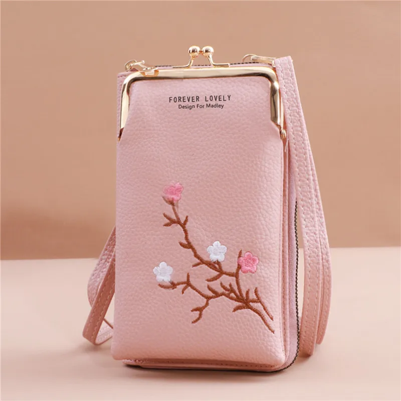 2024 Embroidery Mobile Phone Bags Women Fashion Shoulder Bag Female Mini Crossbody Messenger Bags PU Leather Clutch Wallet Pouch