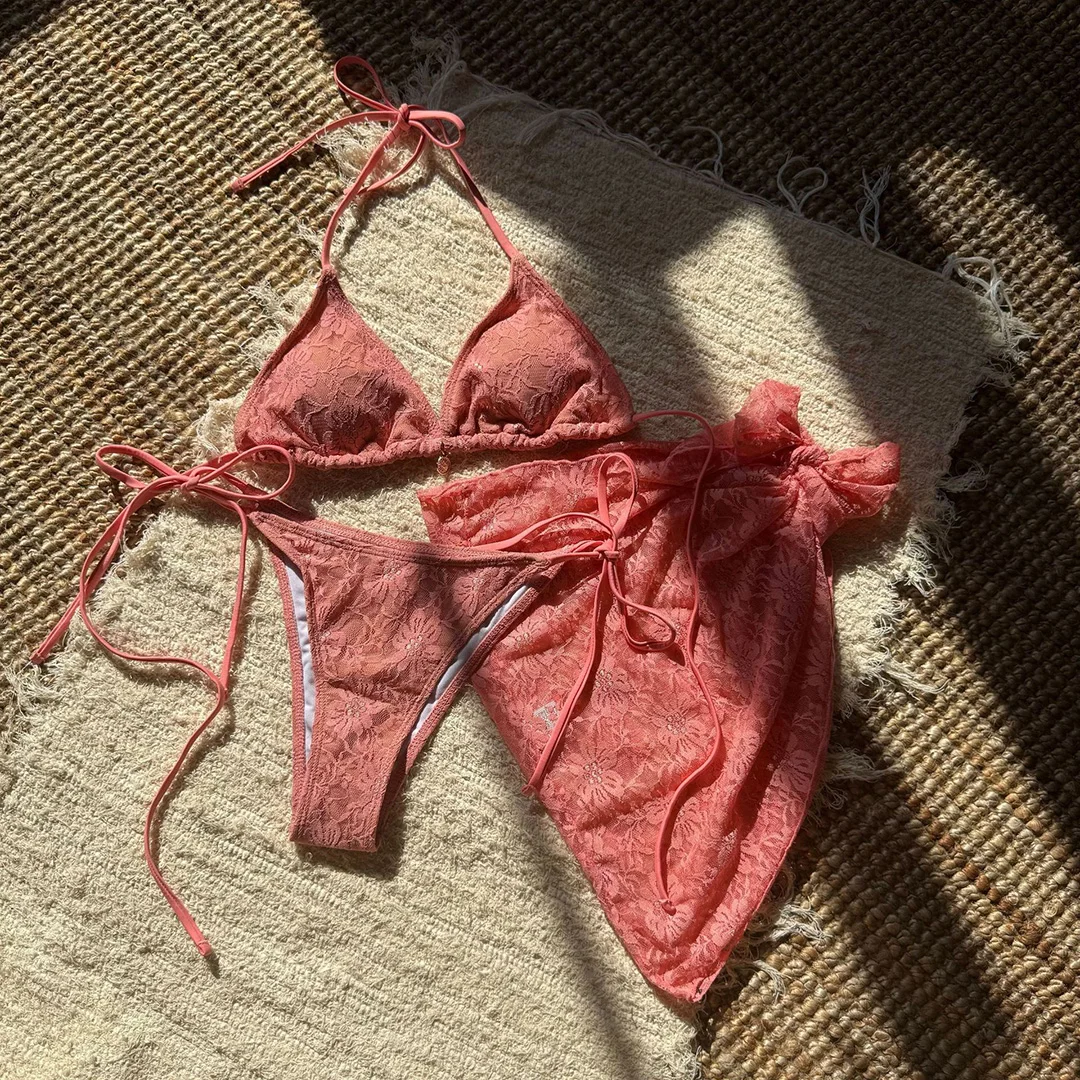Netz-Sarong-Spitzen-Bikini mit Neckholder und hohem Beinausschnitt, Damen-Badeanzug, dreiteiliges Bikini-Set, Badebekleidung, Badeanzug, Schwimmanzug V6284H – Detail 33