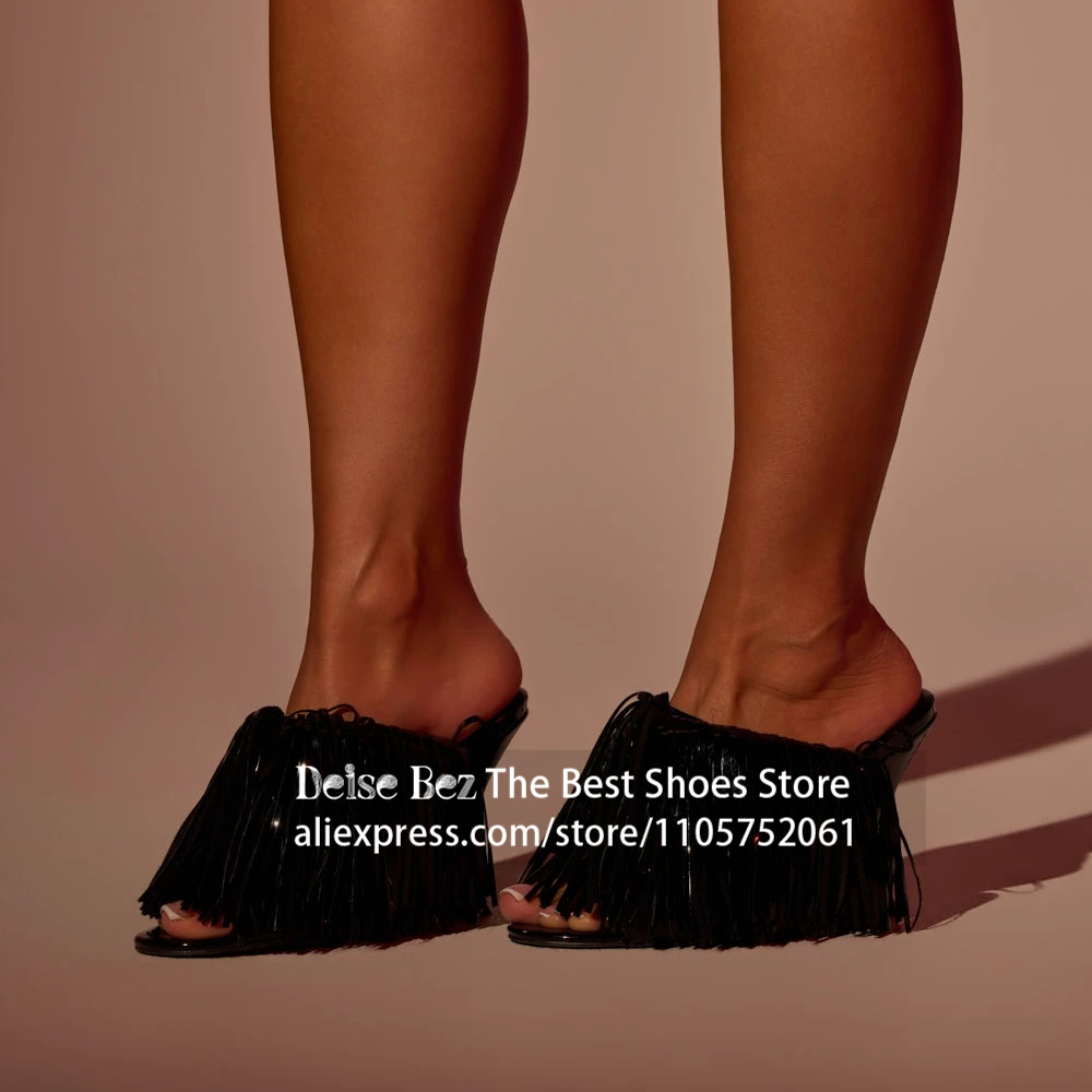 Fringe Sculptural Wedge Heel Slide Sandals Open Toe Wedge Mule Slippers Novelty Designer Style Slip On Summer Shoes for Women