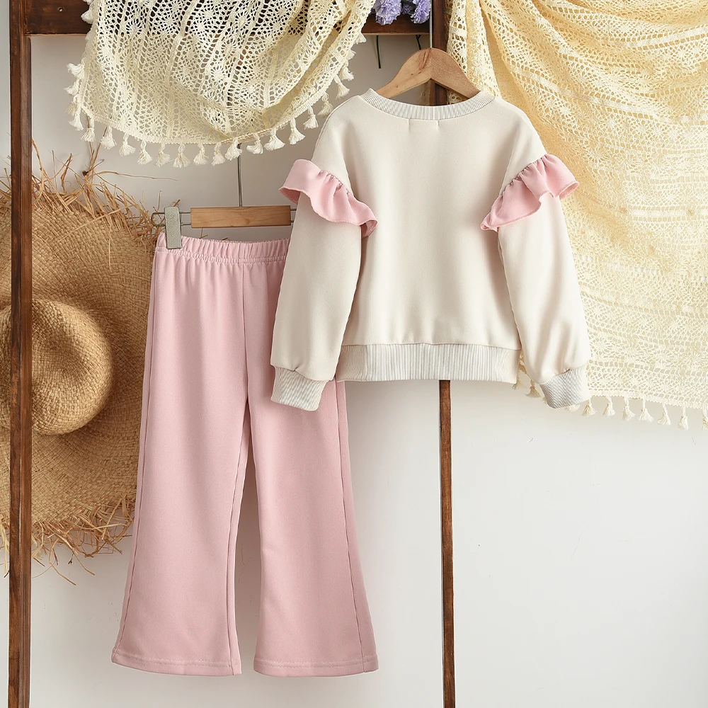 2025 الربيع والخريف طويلة الأكمام الفتيات مجموعة رسالة قميص مطبوع + بلون جرس أسفل السراويل الوردي ملابس الأطفال غير رسمية #2