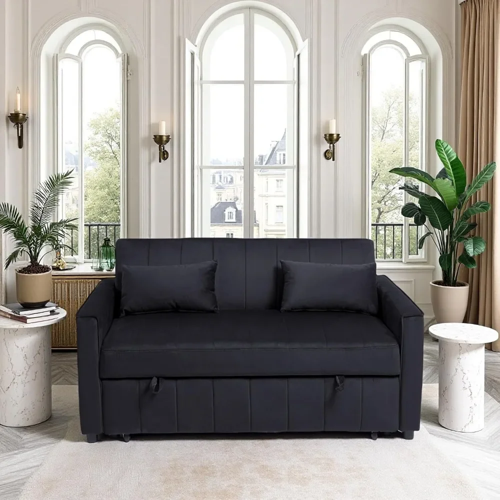 Sofá cama 3 en 1 de terciopelo, sofá de dos plazas, respaldo ajustable, 2 bolsillos laterales de almacenamiento, 2 almohadas lumbares de 55 pulgadas