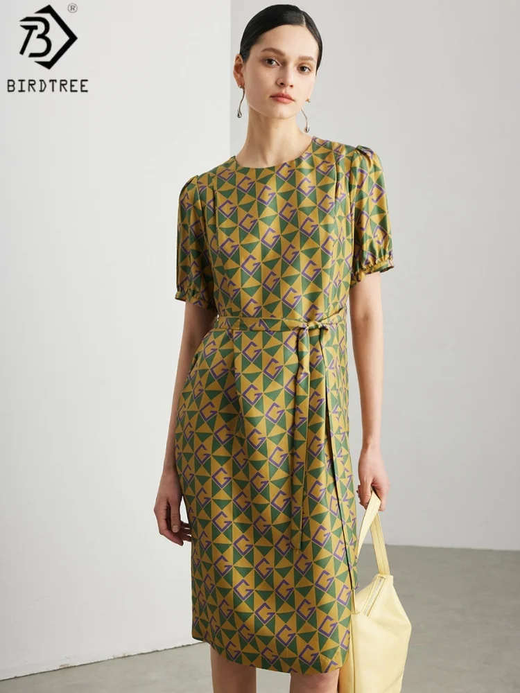 BirdTree, 100% Real Silk Printed Dress, O-neck Short Sleeve, Women's Twill Silk Sash Loose Dresses, 2026 Summer New D64352JF