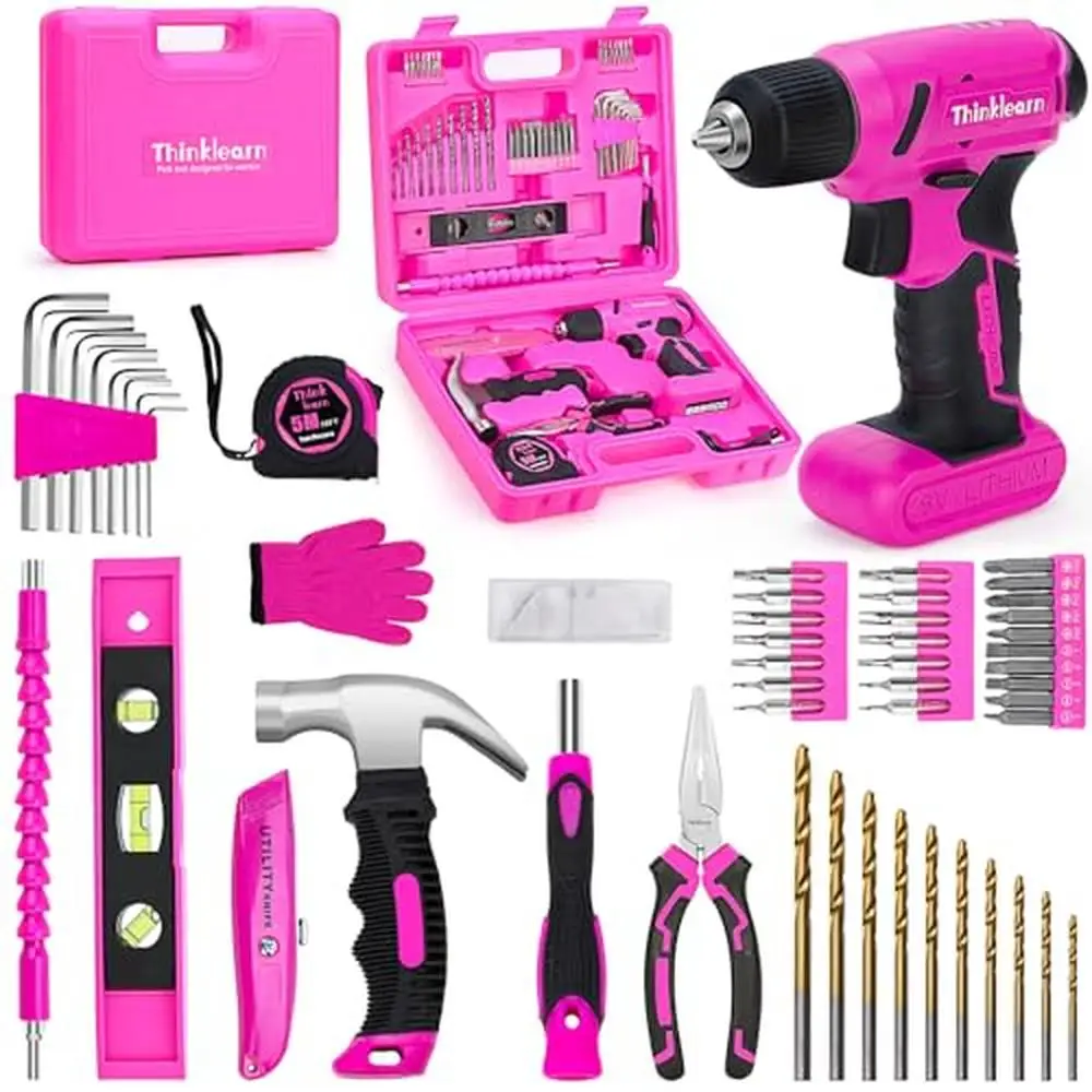 64 Piece Pink Tool Set with Cordless Drill 8V Power Kit Women 3/8