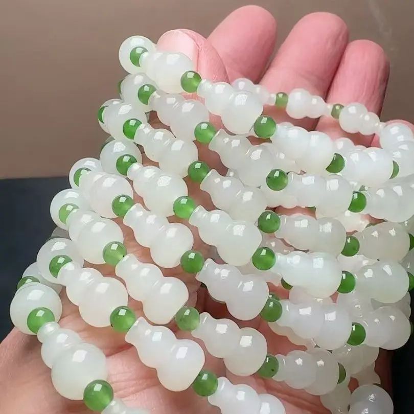 Direct supply from the source! 8x13mm Hetian jade gourd bracelet, jasper round beads, wealth double collection fidelity bracelet