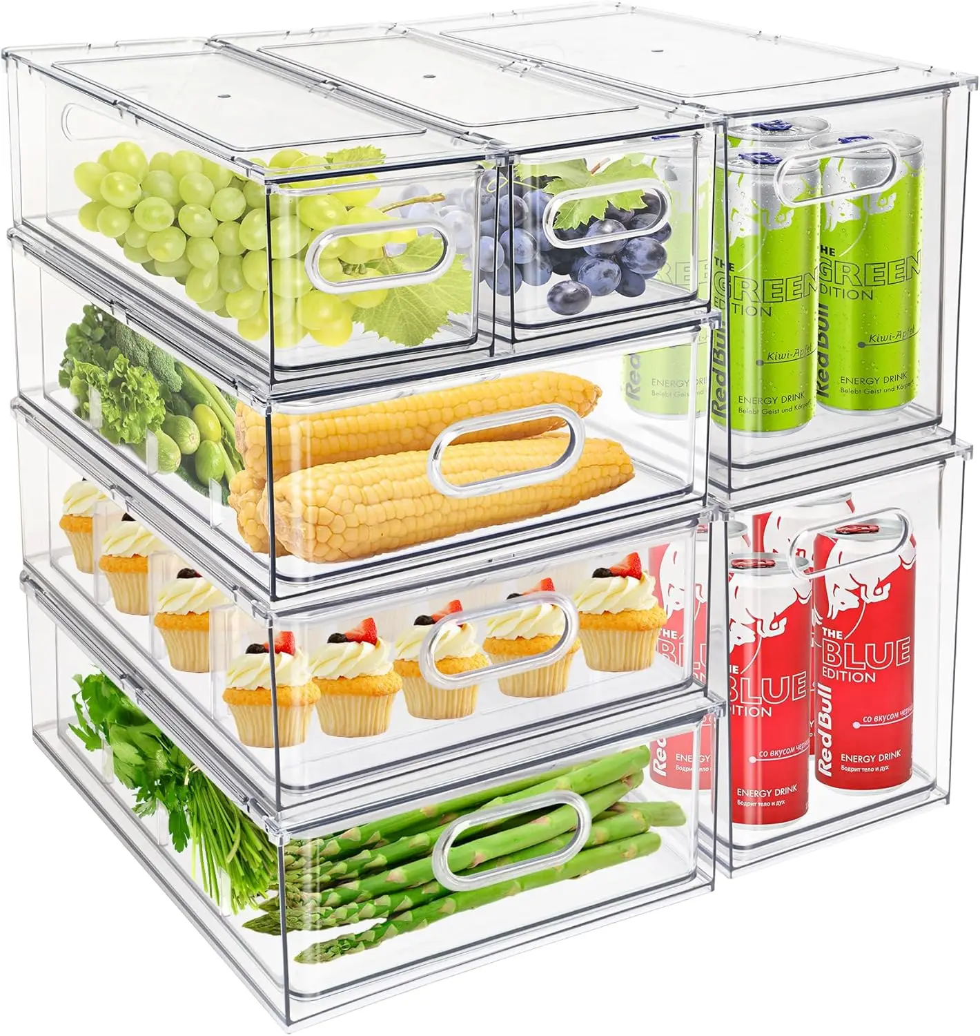 

7Pack Clear Fridge Drawer Organizer Pull out Bins Stackable Refrigerator Organizer Bins Handle for Kitchen Cabinet Organization