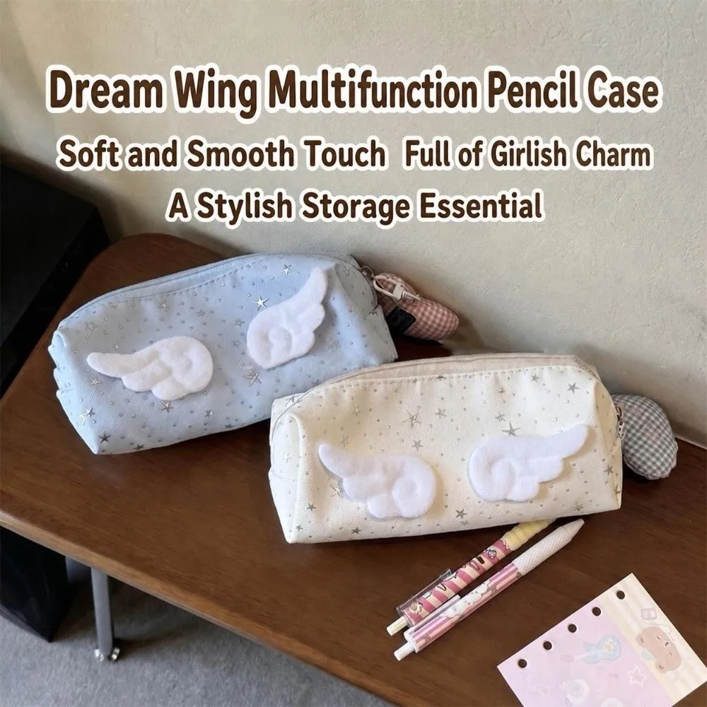 Multifunctional Star Print Pencil Case With Wings Decor Large Capacity Pen Bag Stationery Pouch Back To School