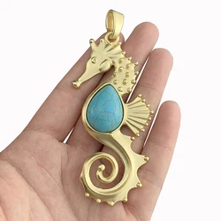 1 x Matt Gold Color Large Seahorse Hippocampus Charms Pendants & Faux Stone for DIY Necklace Jewellery Making