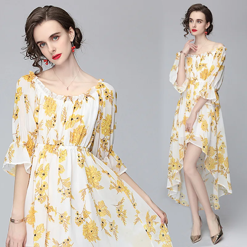 

Summer Women Dresses for Party New French Ladies Temperament Puff Sleeve Floral Dress