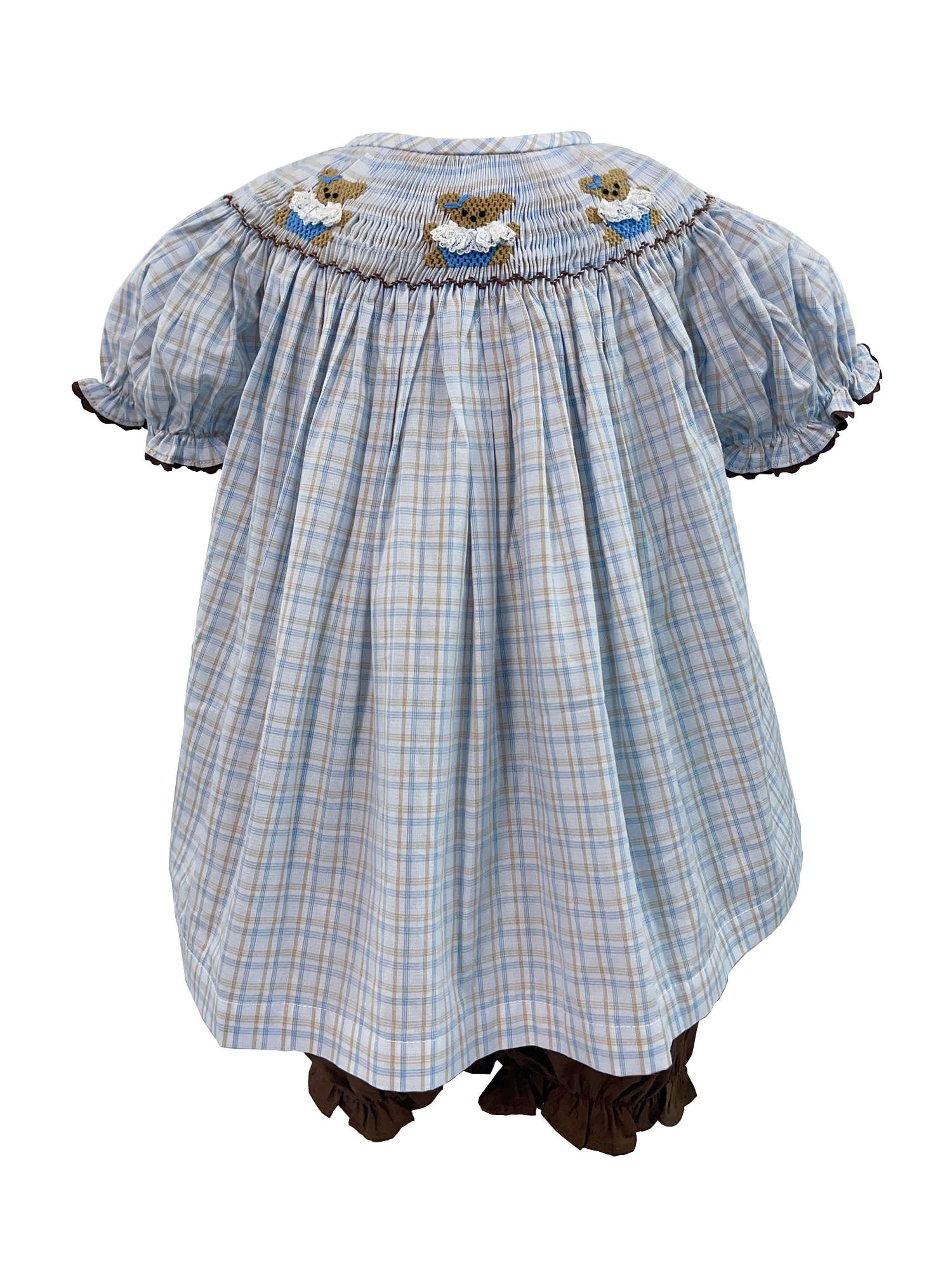 

Summer Girls Handmade Smocking Lace Bear Puff Sleeve Dress Cotton Plaid 2Pcs Set Elegant Temperament Cute Climbing Clothes