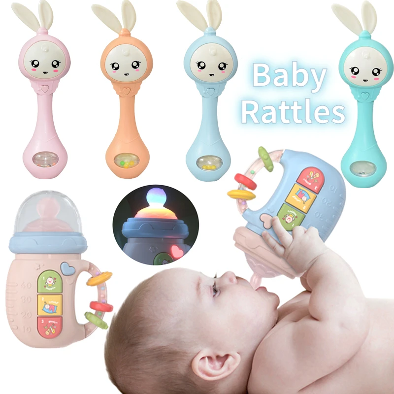 Baby Music Flashing Rattles Toys Infant Cute Rabbit Hand Bells Early Educational Toys 0-12M Pink /Orange /Green /Blue