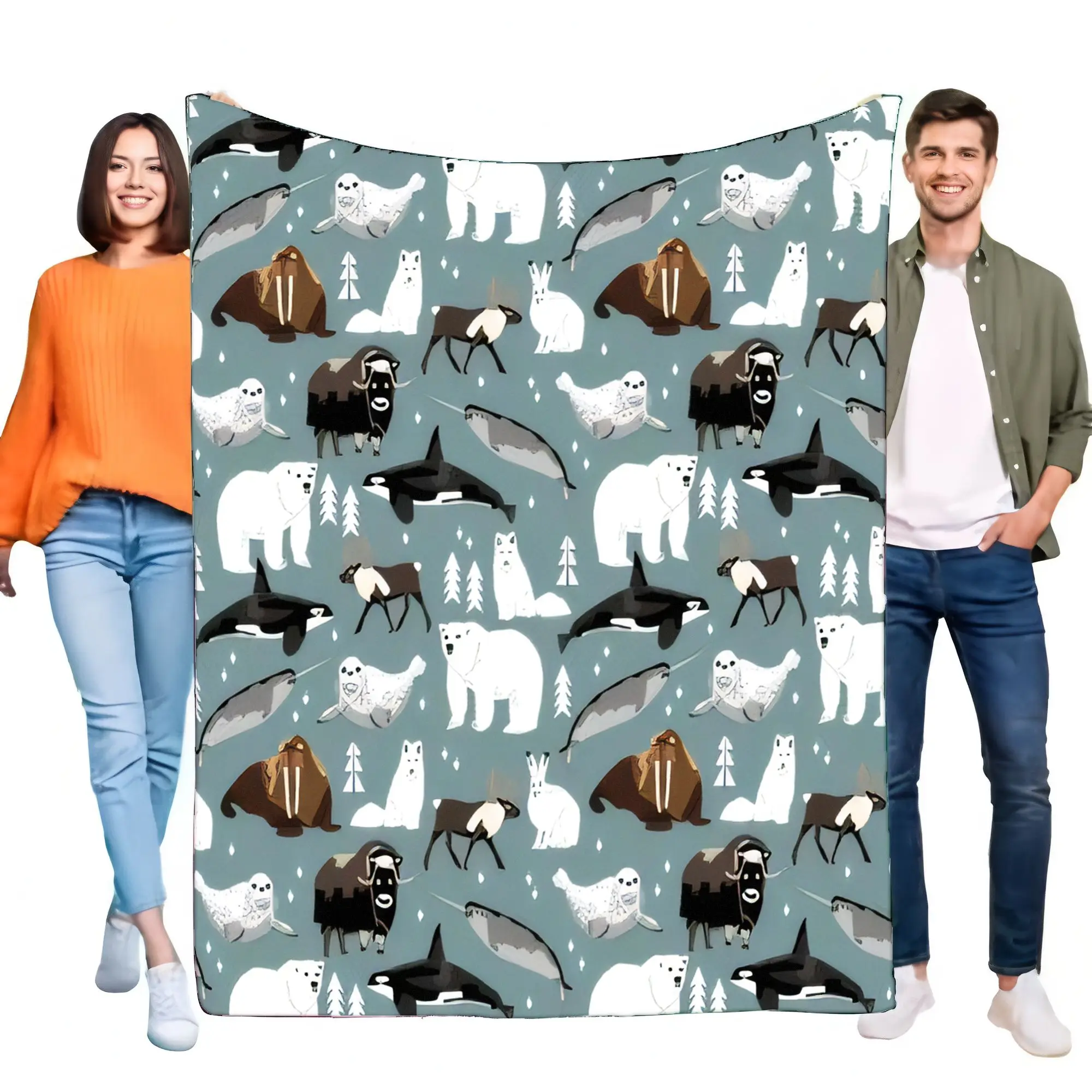 Gemütliche, weiche, warme Polar-Überwurfdecke mit arktischen Tieren |   Eisbär-Siegel, Orka-Walross-Druck für Bett, Sofa, Kinder, Erwachsene, Geschenk, Heimdekoration
