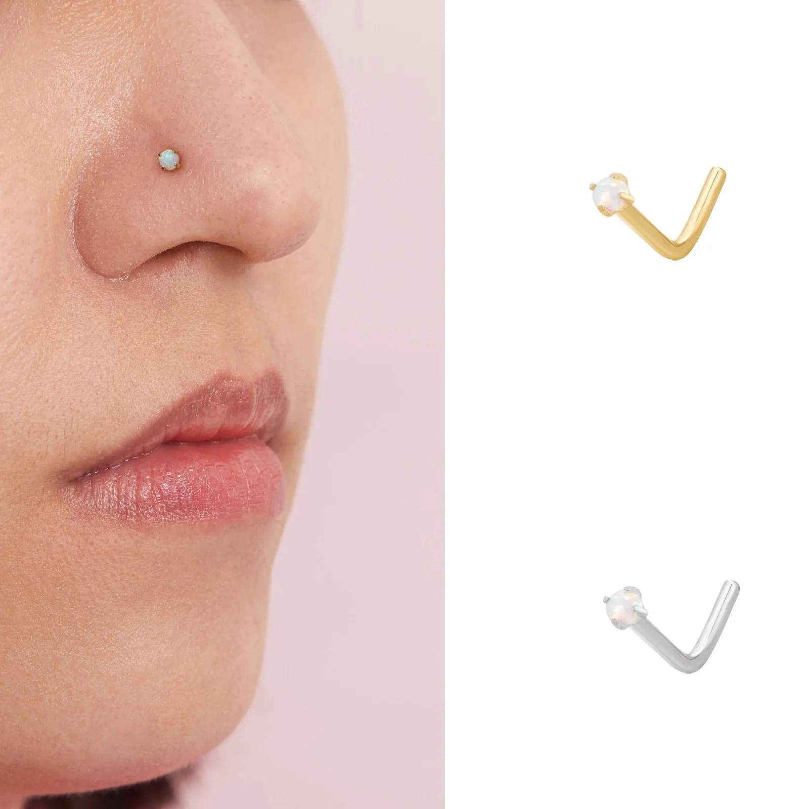 

Australian Opal Full Silver Nose Jewelry Personalized Nose Stud L Shape Opal Four-Claw Body Piercing Jewelry Nose Stud
