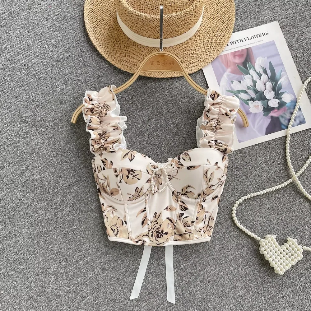 Sexy Bandage Ruffle Off Shoulder Slim Top Chic Straps Camis Slim Korean Tanks Top Elegant Crop Top Summer Women Bustier