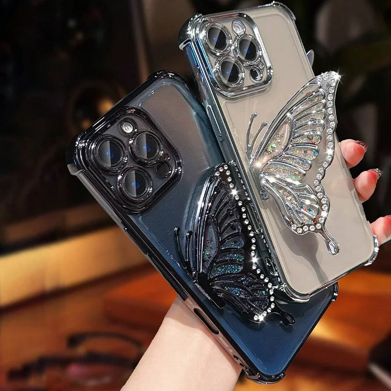 Luxury With Butterfly Glitter Stand Plating Case For Samsung Galaxy S26 S25 FE S24 Ultra S23 Plus S22 A27 A26 A57 A37 A56 Cover