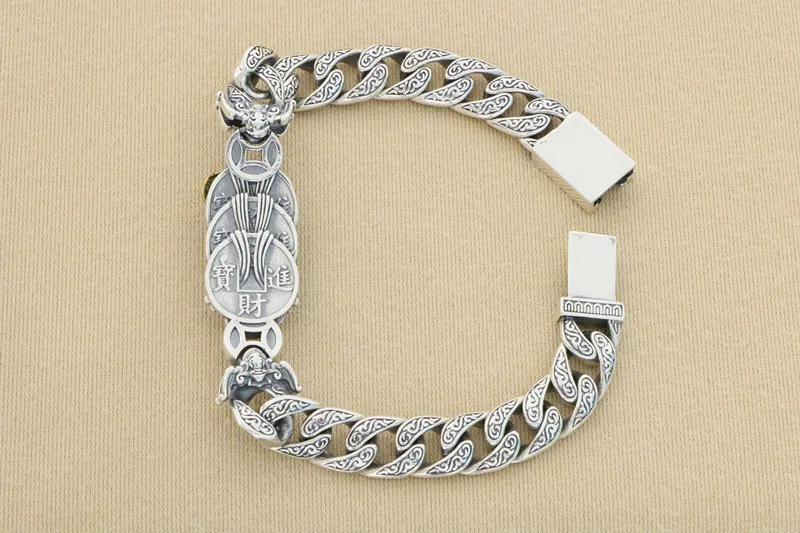 Handsome and trendy, cool nightclub accessories, artistic style, pure silver Pixiu bracelet, men's trendy retro Chinese style, e