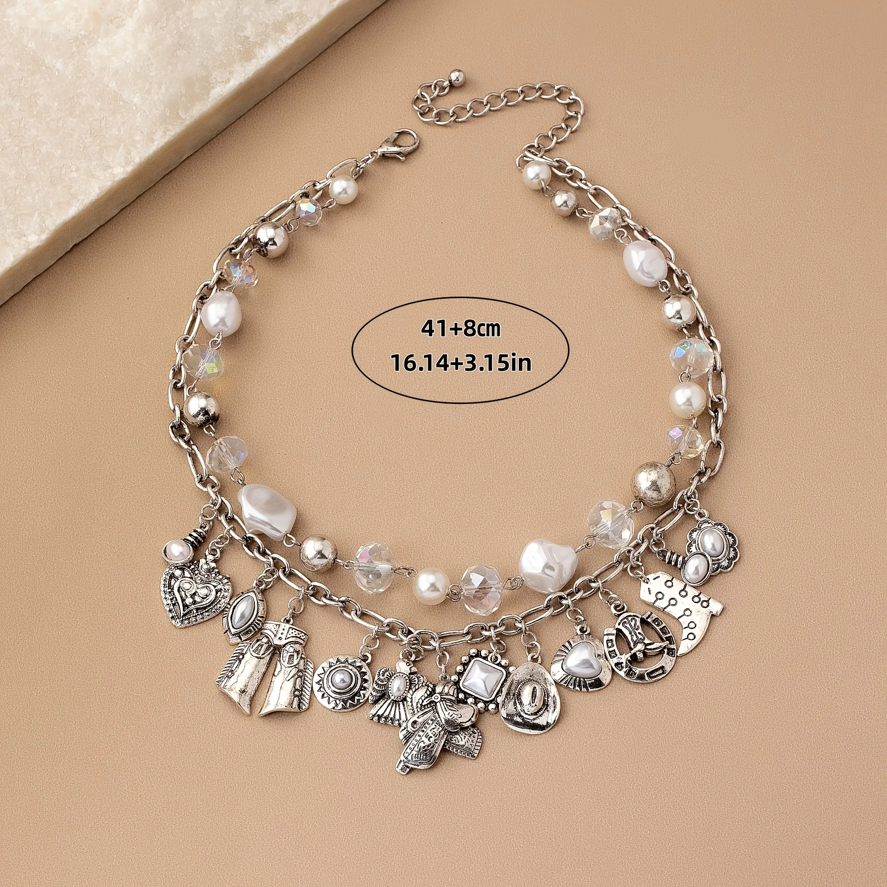 One Bohemian Western Retro Style Double Layer Necklace, Faux Pearl Beads with Heart, Boot, Hat, Flower & Eagle Pendants, Women Necklace for Daily and Vacation Wear