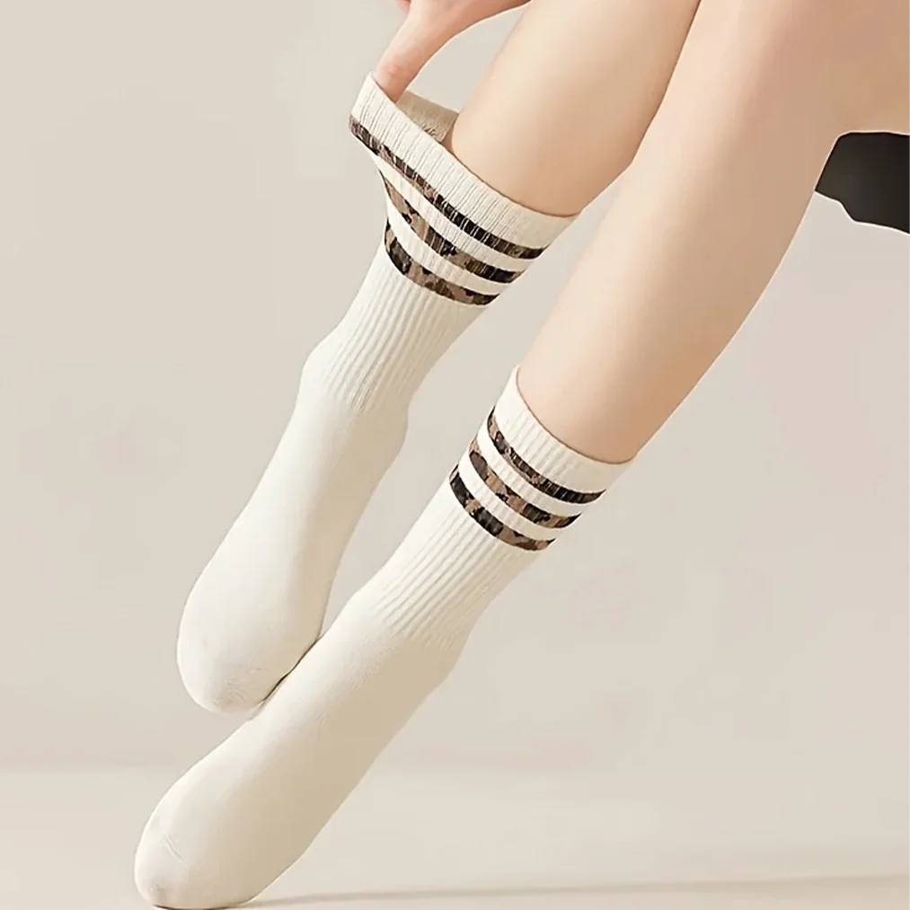 4 Pairs Women's Striped Socks Soft Comfortable Casual Sports Sock Leopard Print  Breathable Fashion Middle Tube Sox High Quality