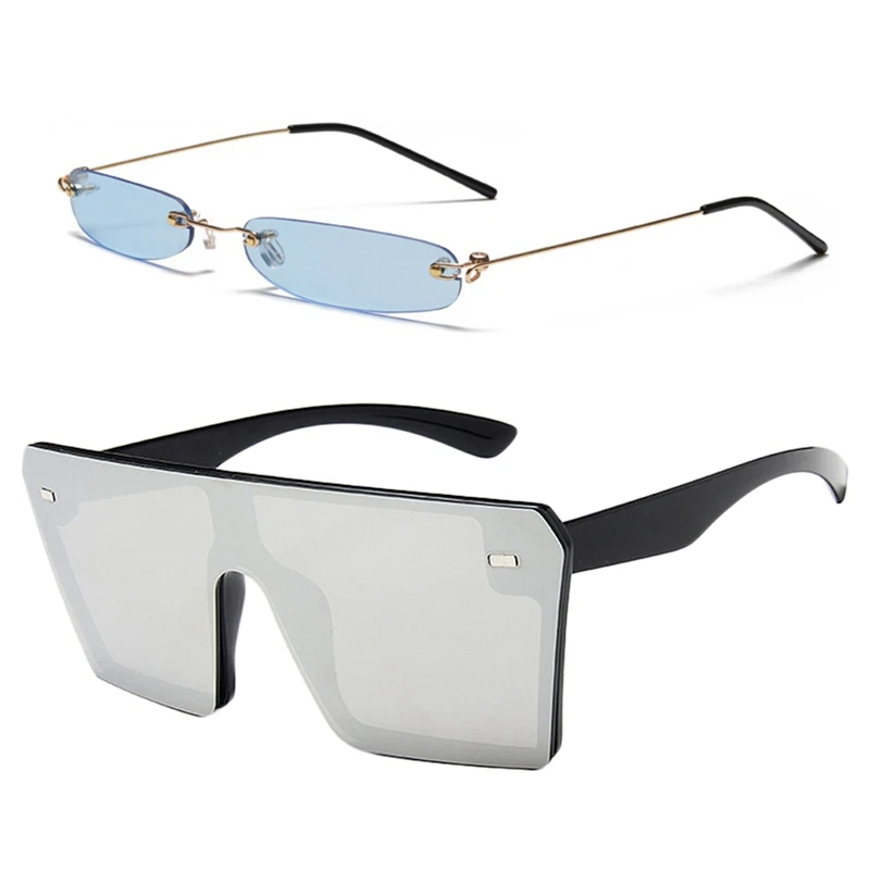 

2 Pair Rectangle Sunglasses Men Women ,Glasses Shades-Gold Frame Blue & C8 Bright Black And White Mercury