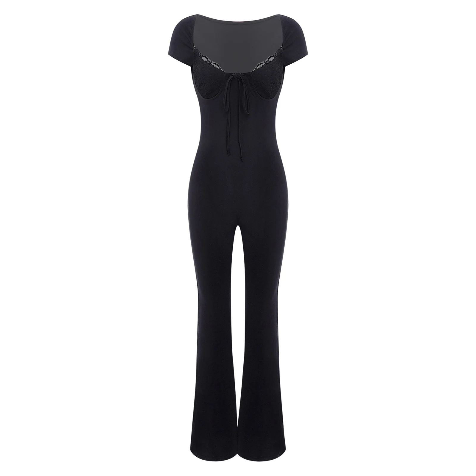 Women's Yoga Jumpsuit Bowknot Lace Cup Athletic Jumpsuit Low-Cut Short Sleeve Slim-Fit Solid Color Bodysuit Workout Sportswear