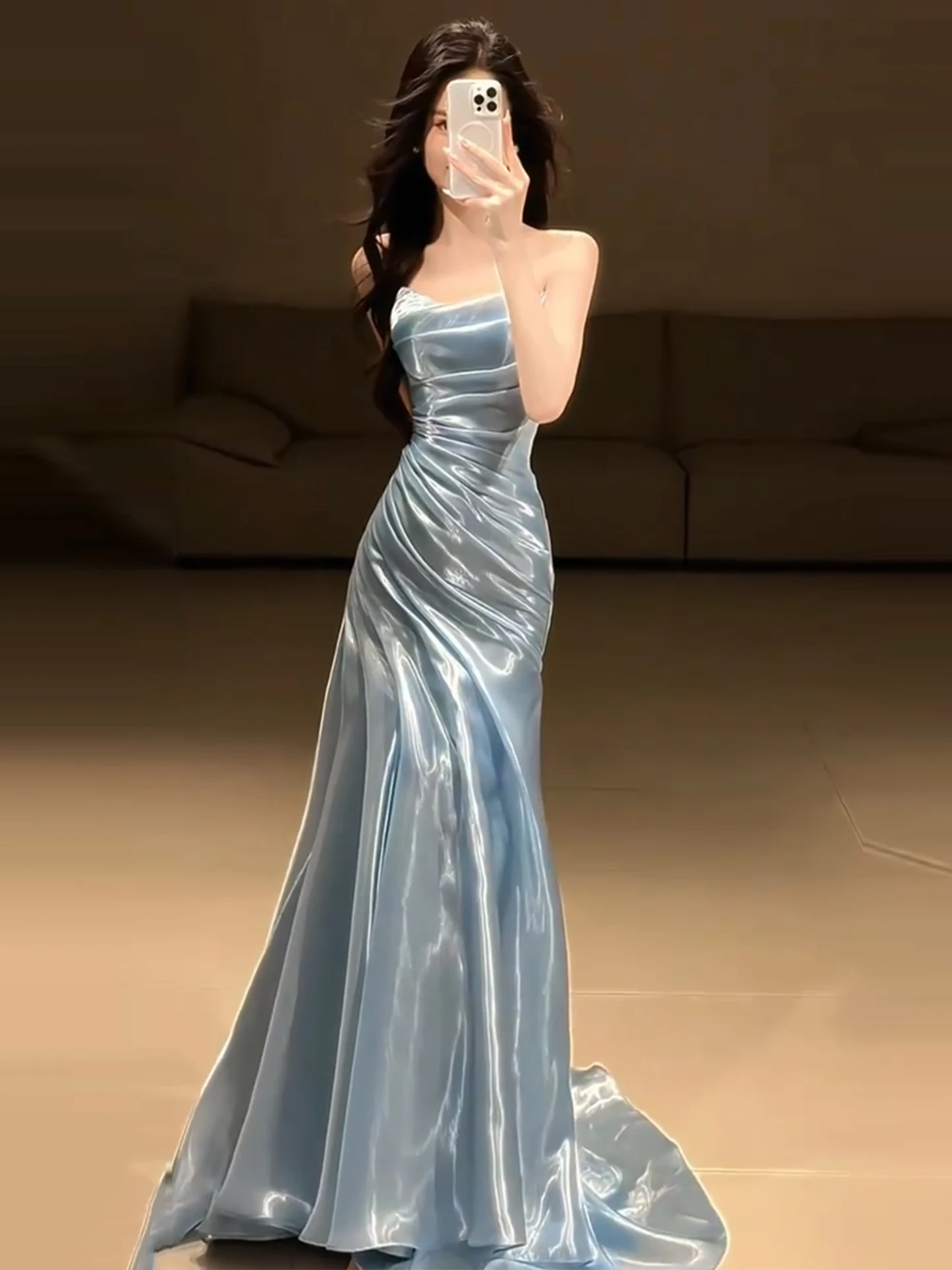

Blue Strapless Evening Gown Women's Banquet Elegant Hostess Student Birthday Adult Ceremony Wedding Dress Skirt Long Evening ...