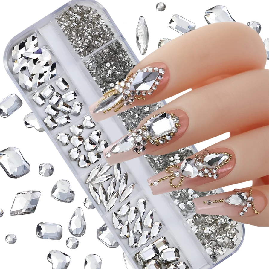 12-Fächer-Box mit mehrfarbigen Flachrücken-Strasssteinen, Kristall-Edelsteinen, 3D-Glitzer-Nagelkunst-Dekorationen, luxuriöse Nagelkunst-Zubehörteile – Detail 1