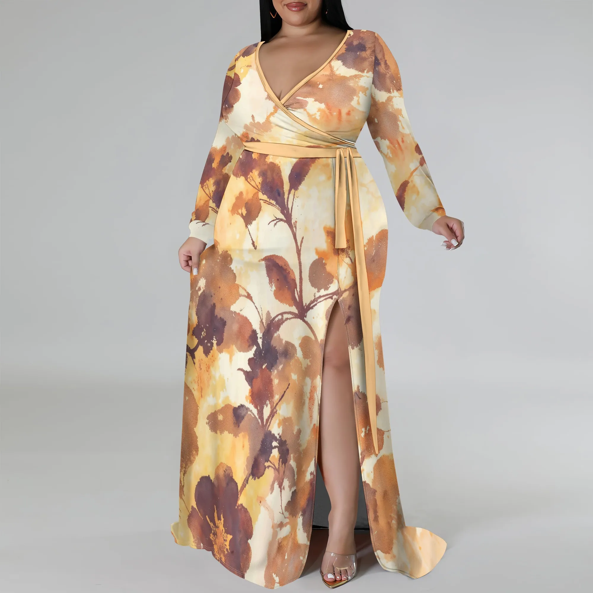 

Nupusa Yellow Brown Ink Leaf Print Dress for Women Plus Size Casual V Neck Long Sleeve Belted Split Maxi Dress