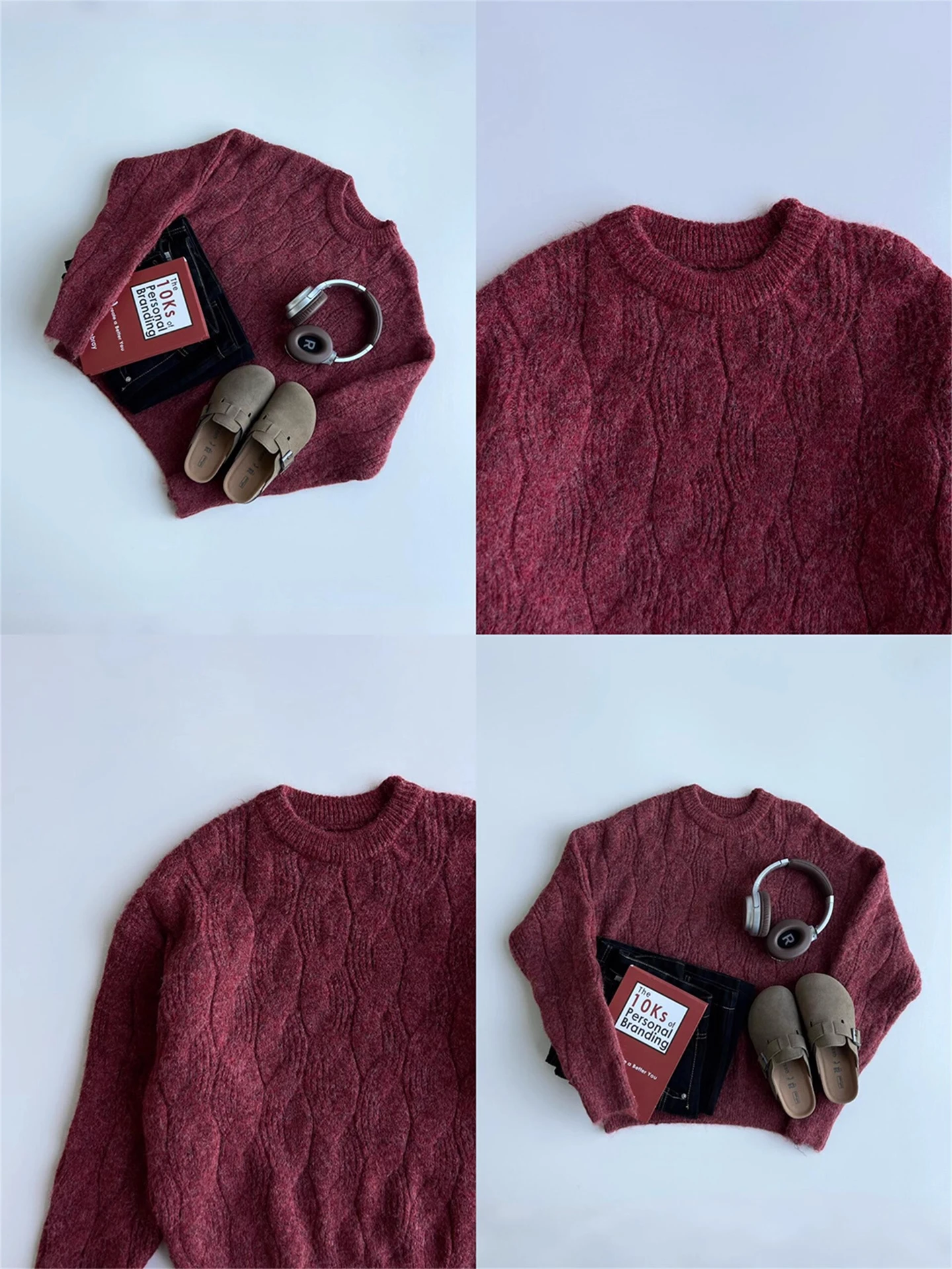 

Красный вязаный свитер с круглым вырезом для мужчин, зимняя базовая одежда, высококачественный, с цветочным узором, повседневный стиль