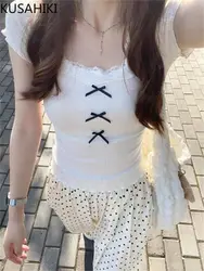 KUSAHIKI Lace Bow Short Sleeved T-shirt for Women's Summer New Korean Fashion Versatile Slim Fit Short Top Clothes Ins Style