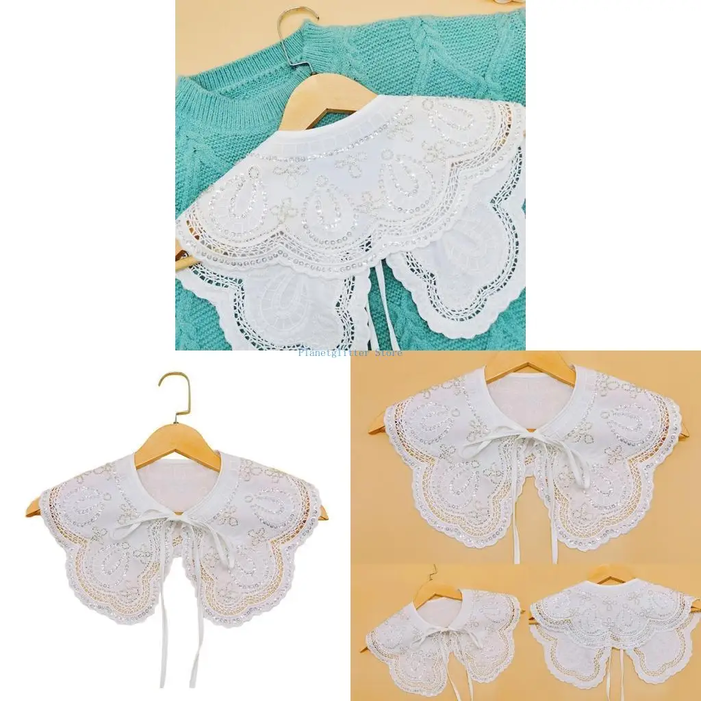 

652B Women Wavy Scalloped White Shawl Lapel Fake Collar Shiny Sequins Beaded Embroidery for Butterfly Floral Scarf Lace-Up